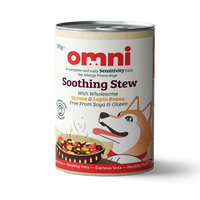 Can of Omni Soothing Stew for dogs on a white background