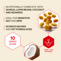 Product description with quinoa, lupin beans, coconut, and seaweed on a beige background