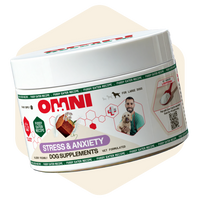 Container of Omni Stress & Anxiety Dog Supplements on a white background