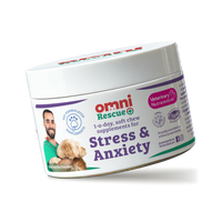 Container of Omni Rescue supplements for stress and anxiety on a white background
