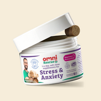 Open jar of Omni Rescue stress and anxiety supplements with a beige background