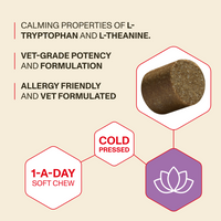 Product packaging with text about L-tryptophan, L-theanine, vet-grade potency, allergy-friendliness, and cold-pressed soft chews.
