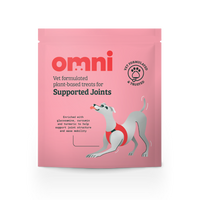 Pink package of omni pet treats for supported joints on a white background