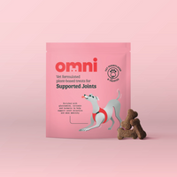 Pink package of 'omni' dog treats for supported joints on a pink background