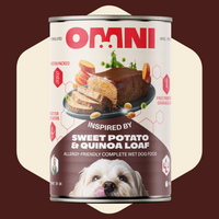 Can of Omni dog food with sweet potato and quinoa loaf flavor on a brown background