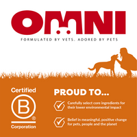 OMNI pet food brand logo with B Corp certification badge and values on a white background