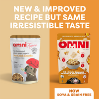 Two packages of Omni pet food on a two-tone background with text about new recipe and great taste.
