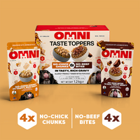 Omni Taste Toppers dog food packages on a beige background