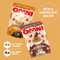 Two packages of Omni pet food on a beige background with text highlighting new and improved recipe.