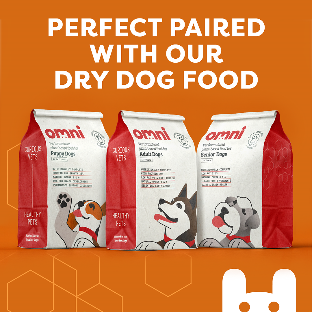 Three Omni dog food bags on an orange background with text 'Perfect Paired with our Dry Dog Food'.