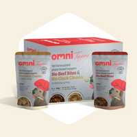 Omni Toppers pet food packages on a beige background