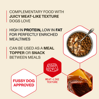 Product advertisement for dog food with text and images of a bowl and treats.