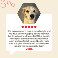 Dog with a five-star rating and review text on a beige background