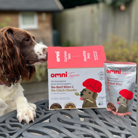 Dog looking at Omni Toppers pet food packaging on a table outdoors.