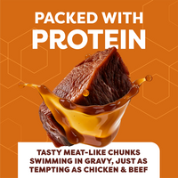 Meat-like chunks in gravy with text on an orange background